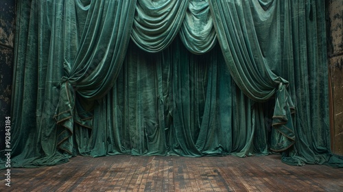 Green velvet curtains draped elegantly in an historic theatre