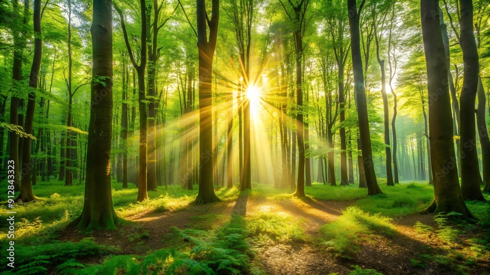 Obraz premium Golden Rays Through Emerald Canopy AI generated