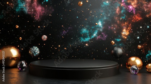 Abstract cosmic scene with floating gold and silver spheres and crystals against colorful starry nebula background, podium product 3d background
