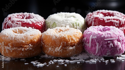 Closeup of three creamfilled donuts with a dusting of powdered sugar on a white background/  photo