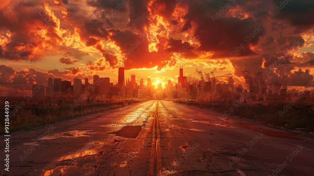 Stunning sunset over city skyline with dramatic clouds and wet road reflection Stunning sunset over city skyline with dramatic clouds and wet road reflection