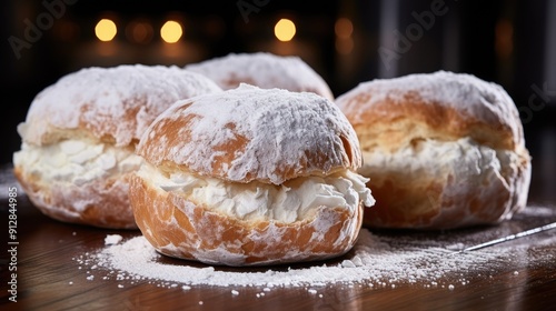 Closeup of three creamfilled donuts with a dusting of powdered sugar on a white background   photo