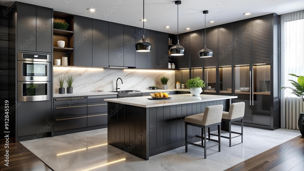 Sleek and Sophisticated: A Black Cabinet and Marble Kitchen Design AI Generated Sleek and Sophisticated: A Black Cabinet and Marble Kitchen Design AI Generated