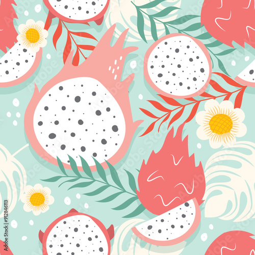 Seamless pattern dragon fruit on white background. vector illustration.