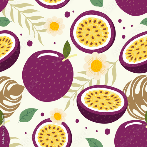 Seamless pattern passion fruit whole and slice on background. Vector illustration.