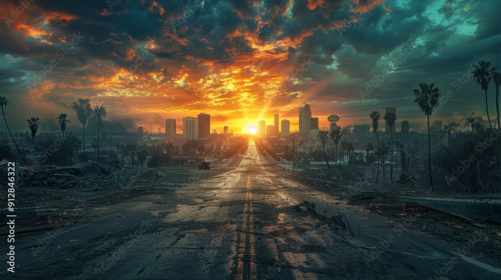 Abandoned city street at sunset with dramatic clouds and skyscrapers Abandoned city street at sunset with dramatic clouds and skyscrapers