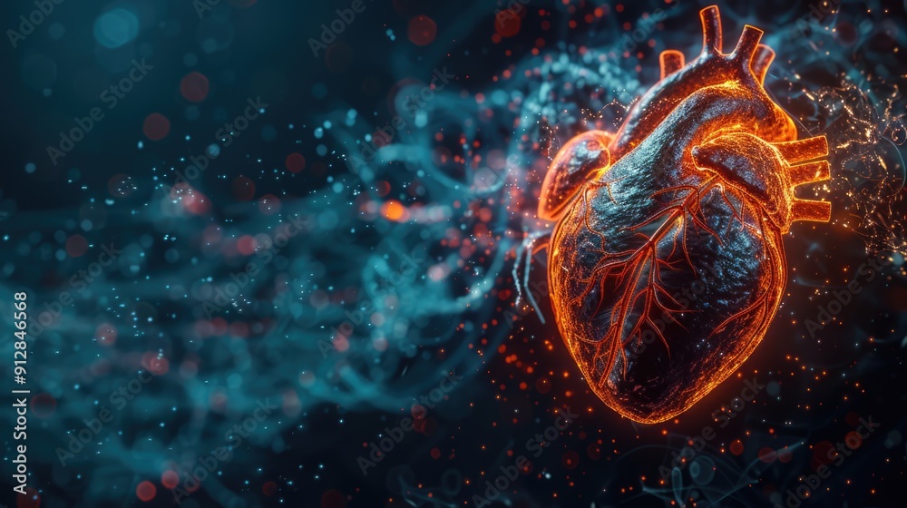 Human Heart futuristic glowing sparks, artistic lines and bokeh, Close Up View with Copy Space for Text Human Heart futuristic glowing sparks, artistic lines and bokeh, Close Up View with Copy Space for Text