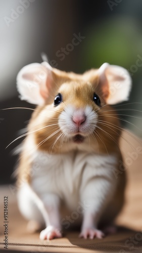 Small hamster perched on wooden surface with short multi-colored fur and erect ears.