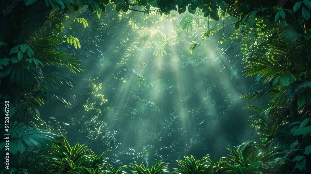 Fototapeta premium Sunlight streaming through lush jungle canopy in vibrant tropical forest