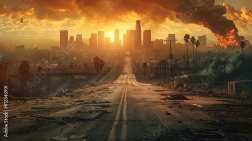 Apocalyptic sunset over abandoned city streets with fiery smoke rising photo