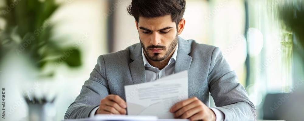 Fototapeta premium A focused man in a suit reviews important documents in a modern office environment, showcasing professionalism and concentration.
