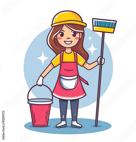 Wallpaper Mural Happy cleaning lady with a broom and bucket cartoon illustration, white background, with a simple design, cute style, using simple lines and shapes, simple logo Torontodigital.ca