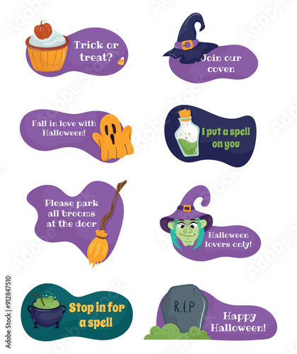 Halloween stickers with friendly illustrations and spooky messages for the holiday.
