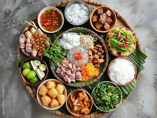 Xoi. The most popular Vietnamese dishes. Sticky rice dishes served with a variety of toppings, such as mung beans, fried shallots, and meats. photo