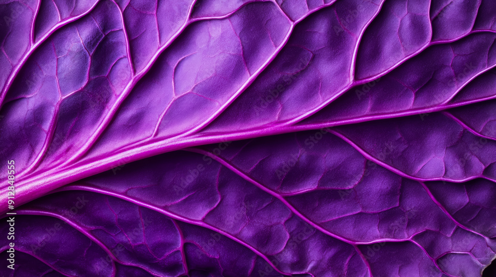 Obraz premium Closeup of a red cabbage leaf displaying its deep purple color and intricate veining patterns 