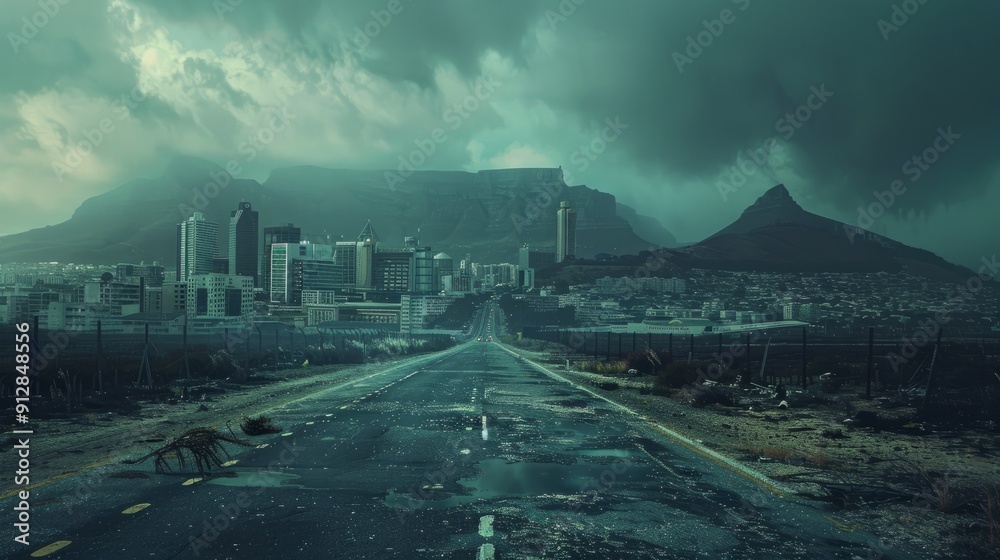 Abandoned road through a deserted city under dark storm clouds Abandoned road through a deserted city under dark storm clouds