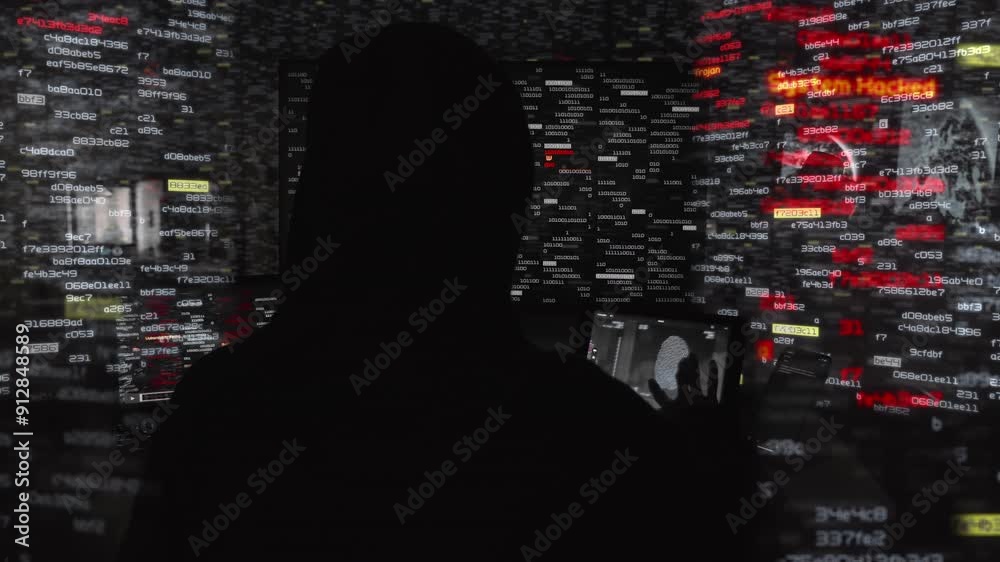 

Hacker in Hood Working in Dark Abstract Room Computer Keyboard Typing with Digital Virtual Script Texts and Numbers Flying. Anonymous Man Without Face Hacking the System. Cyberattack. Fingerprint