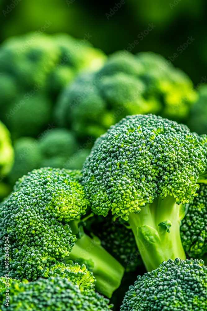 Closeup of broccoli florets showcasing the vibrant green buds and intricate textures of the vegetables surface Closeup of broccoli florets showcasing the vibrant green buds and intricate textures of the vegetables surface