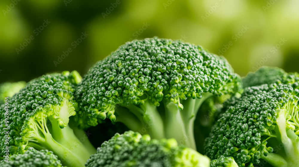 Closeup of broccoli florets showcasing the vibrant green buds and intricate textures of the vegetables surface 