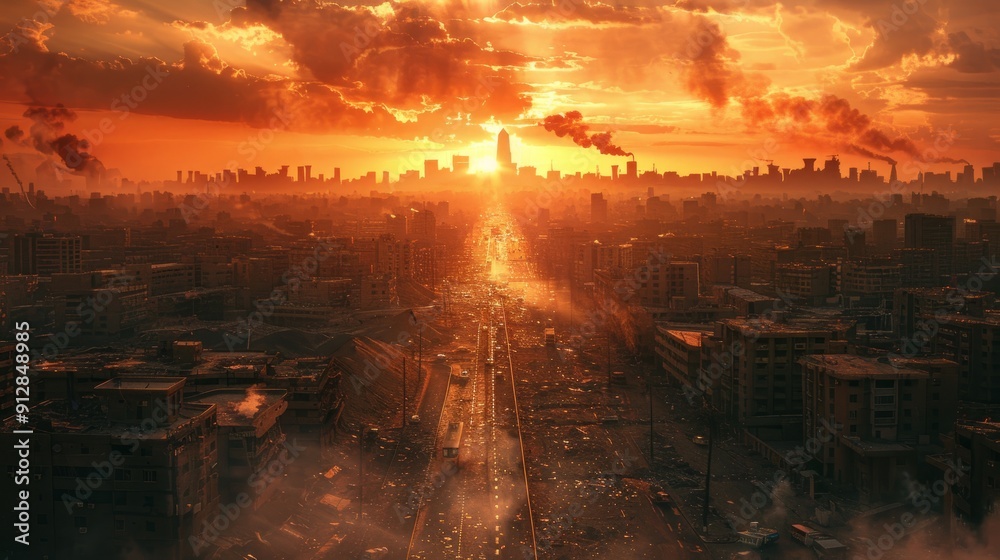 Sunset over a ruined cityscape with smoke and debris Sunset over a ruined cityscape with smoke and debris