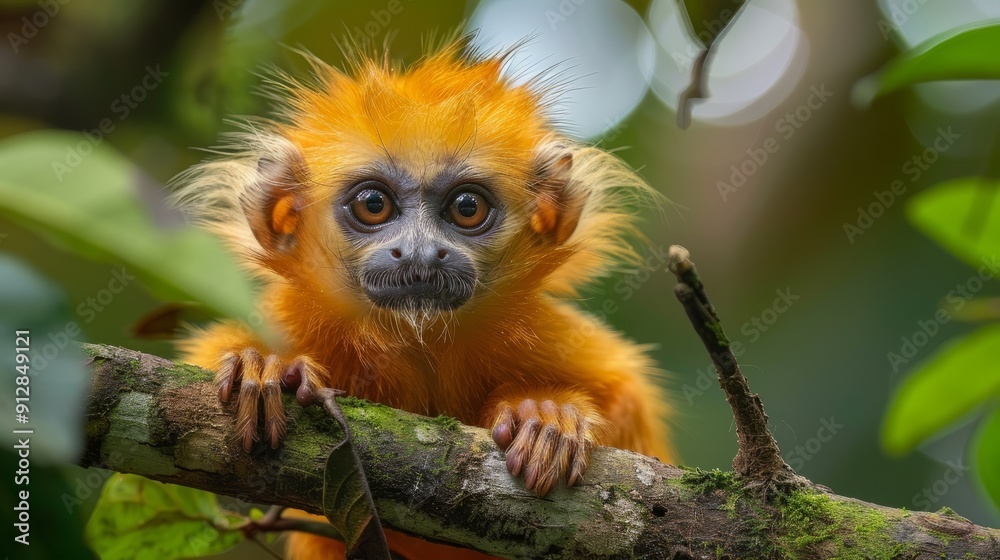 Golden monkey observing from a tree branch in tropical rainforest Golden monkey observing from a tree branch in tropical rainforest