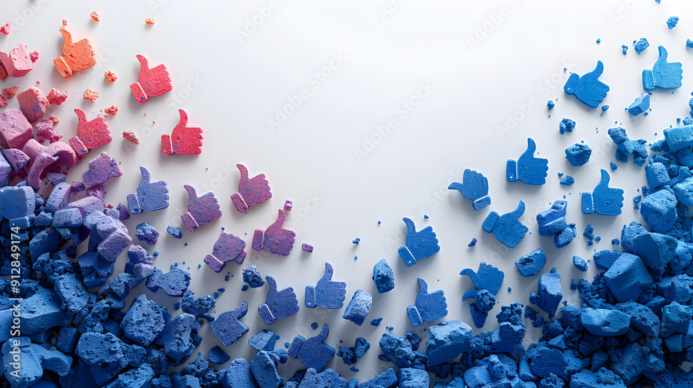 Fototapeta premium A high-resolution image showing a vibrant cascade of colorful thumbs up icons, crumbling and spreading across a pristine white background.