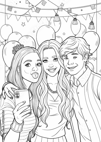 Three friends taking a selfie in a party scene coloring page