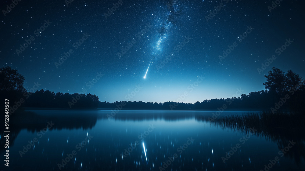 Shooting stars streak across a serene night sky filled with stars, casting a tranquil glow over a picturesque landscape.
Shooting stars streak across a serene night sky filled with stars, casting a tranquil glow over a picturesque landscape.