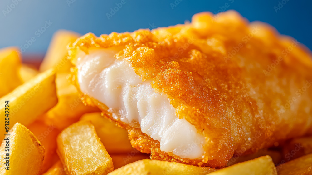 Macro shot of the texture of British fish and chips showcasing the crispy golden batter with flaky white fish and thick cut fries Macro shot of the texture of British fish and chips showcasing the crispy golden batter with flaky white fish and thick cut fries