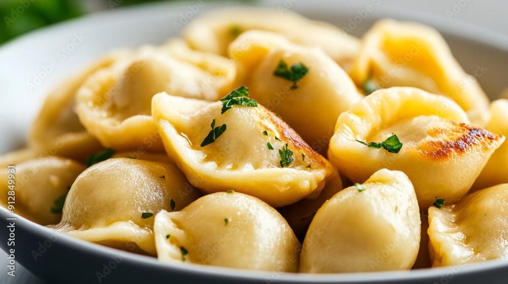 Macro shot of the texture of Polish pierogi showcasing the soft doughy dumpling filled with creamy potato and cheese Macro shot of the texture of Polish pierogi showcasing the soft doughy dumpling filled with creamy potato and cheese