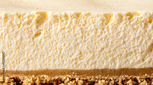 Macro shot of the texture of a cheesecake highlighting the creamy smooth surface with a crumbly graham cracker crust 