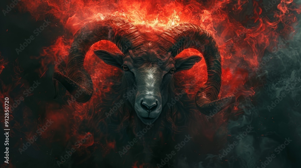 Majestic ram surrounded by fiery flames in a dark atmosphere Majestic ram surrounded by fiery flames in a dark atmosphere