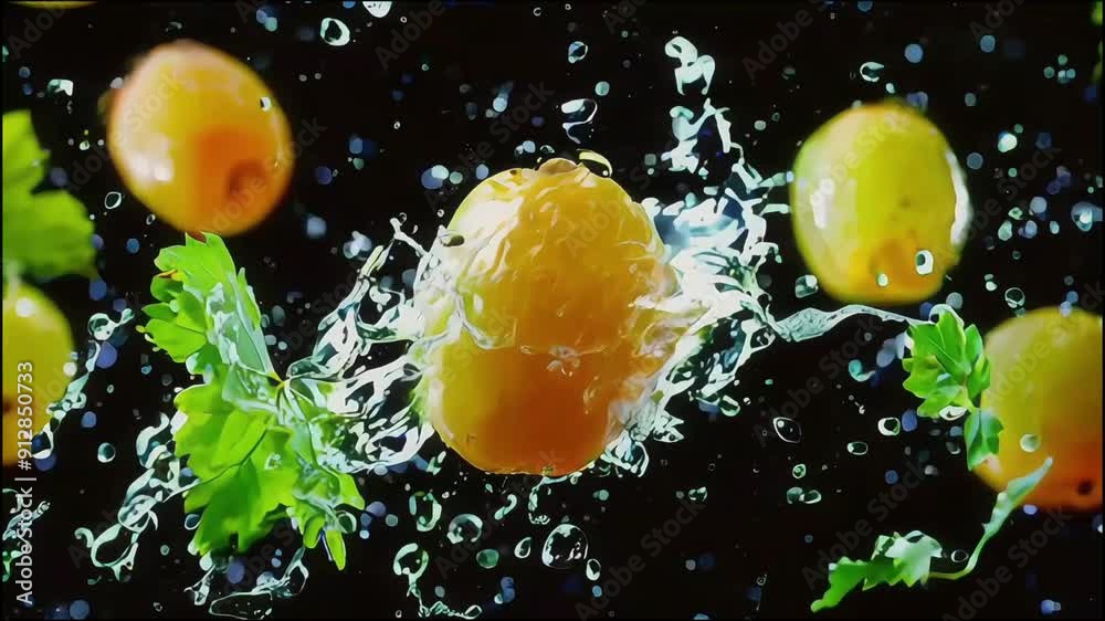 yellow grape floating in the air with water splashes on black background, video slow motion yellow grape floating in the air with water splashes on black background, video slow motion