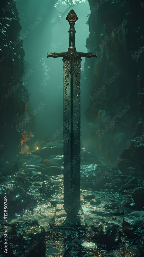 Naklejka premium Mystic blade in a foggy, enchanted forest.