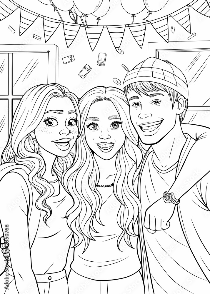 Obraz premium Three friends taking a selfie in a party scene coloring page