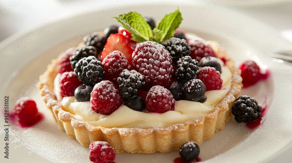 Sumptuous Fresh Fruit Tart topped with Luscious Berries and Whipped Cream - Delicious Dessert Photography.