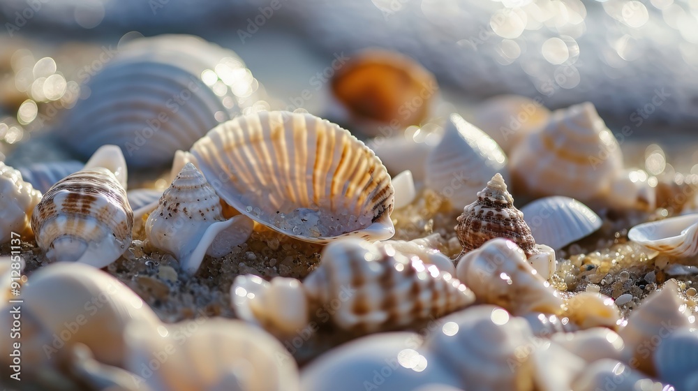 Close up of seashells on the beach with blurred bokeh effect. Close up of seashells on the beach with blurred bokeh effect.