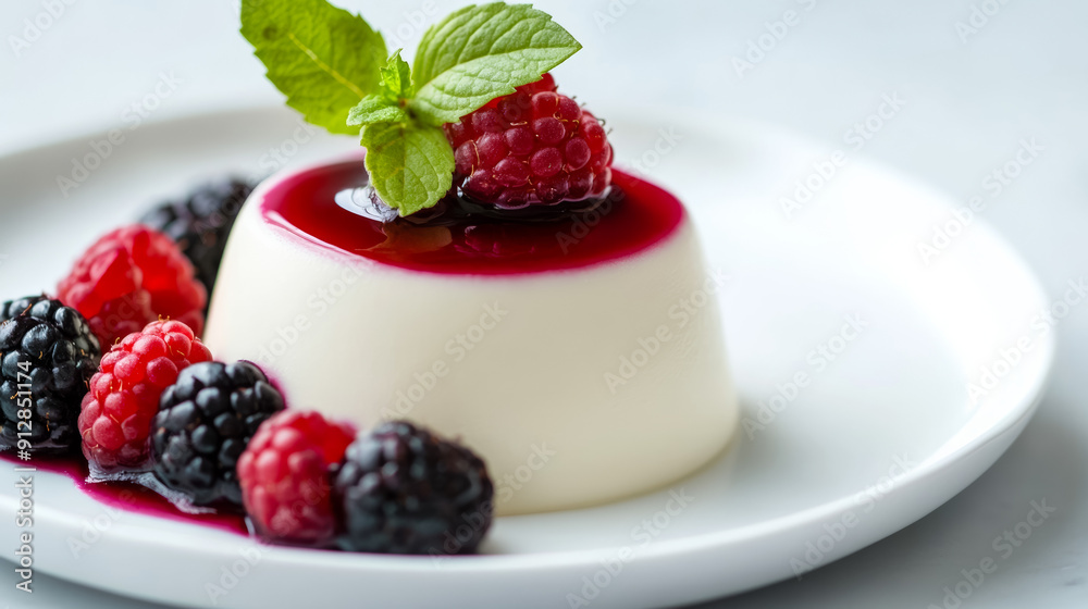 Macro shot of the texture of a panna cotta showcasing the silky smooth surface with a glossy berry sauce on top Macro shot of the texture of a panna cotta showcasing the silky smooth surface with a glossy berry sauce on top