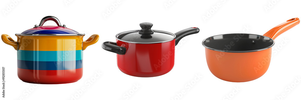 Cooking pots in colorful designs isolated on transparent background Cooking pots in colorful designs isolated on transparent background