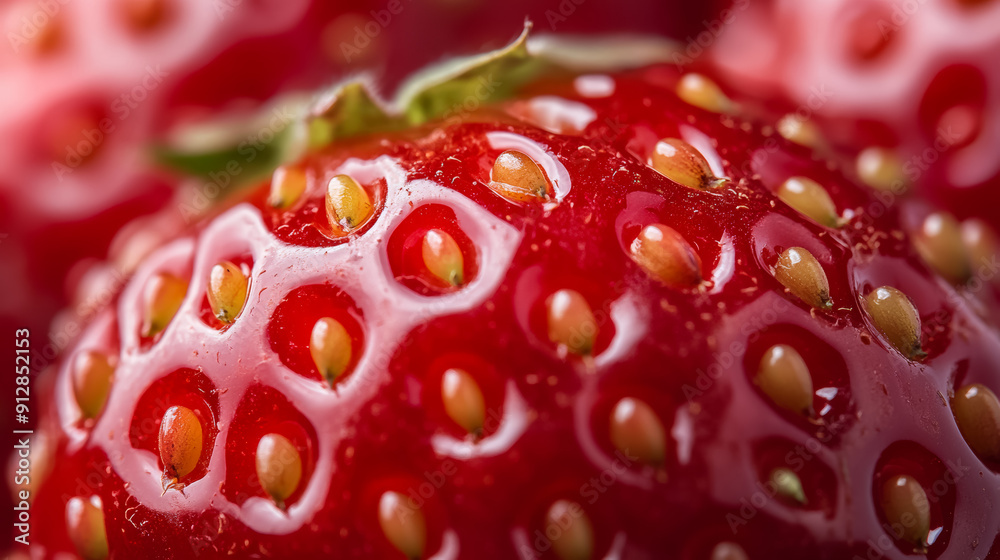 Macro shot of the texture of a strawberrys surface featuring bright red skin dotted with tiny yellow seeds Macro shot of the texture of a strawberrys surface featuring bright red skin dotted with tiny yellow seeds