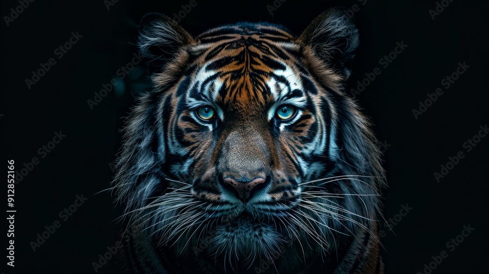 Majestic tiger staring directly into the camera in dark habitat Majestic tiger staring directly into the camera in dark habitat
