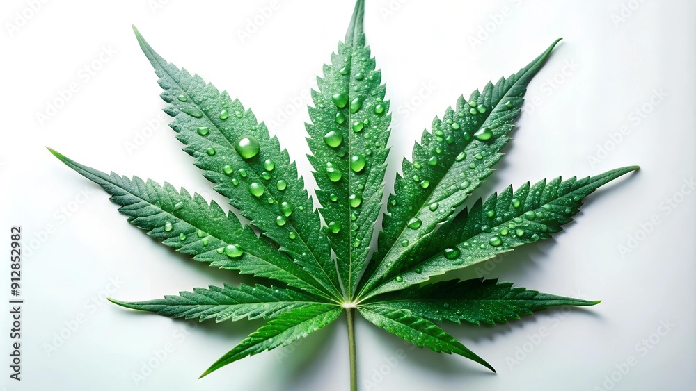 Emerald Green Marijuana Leaf with Dew Drops on a Pristine White Background Generative AI Emerald Green Marijuana Leaf with Dew Drops on a Pristine White Background Generative AI