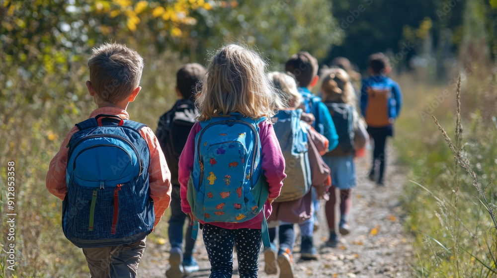 A group of children wearing backpacks walking through a natural path, exploring the outdoors on a sunny autumn day. A group of children wearing backpacks walking through a natural path, exploring the outdoors on a sunny autumn day.