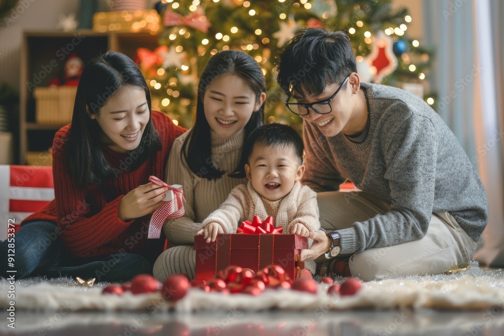 Family Christmas celebration, opening gifts, smiling, Christmas tree. Family Christmas celebration, opening gifts, smiling, Christmas tree.