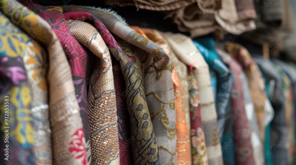 Close-up of colorful patterned fabrics hanging in a row, with a focus on the intricate details of the fabric textures. Close-up of colorful patterned fabrics hanging in a row, with a focus on the intricate details of the fabric textures.