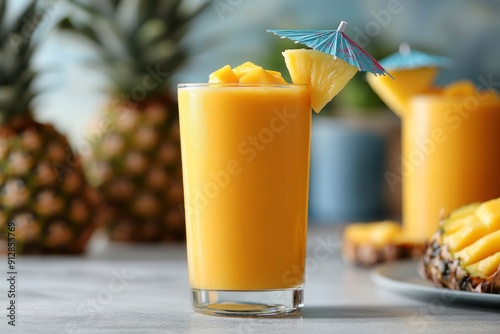 A Refreshing Glass of Pineapple and Mango Smoothie with a Tiny Umbrella