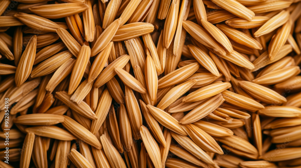 Macro shot of the texture of horse oats highlighting the golden elongated grains with smooth firm texture 