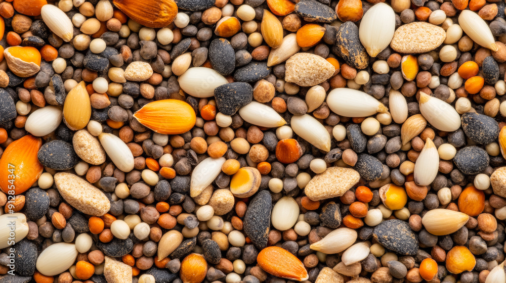 Macro shot of the texture of quail feed highlighting the small granular mix of seeds grains and protein crumbles Macro shot of the texture of quail feed highlighting the small granular mix of seeds grains and protein crumbles