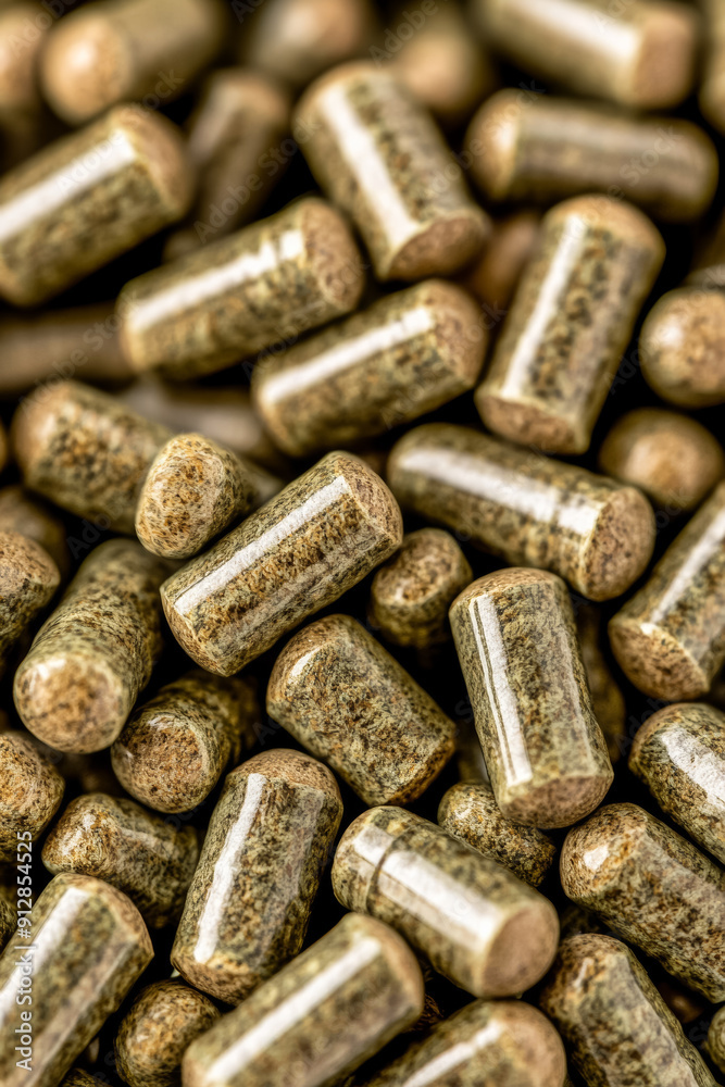 Macro shot of the texture of rabbit pellets highlighting the compressed greenish brown cylindrical shapes with rough texture Macro shot of the texture of rabbit pellets highlighting the compressed greenish brown cylindrical shapes with rough texture