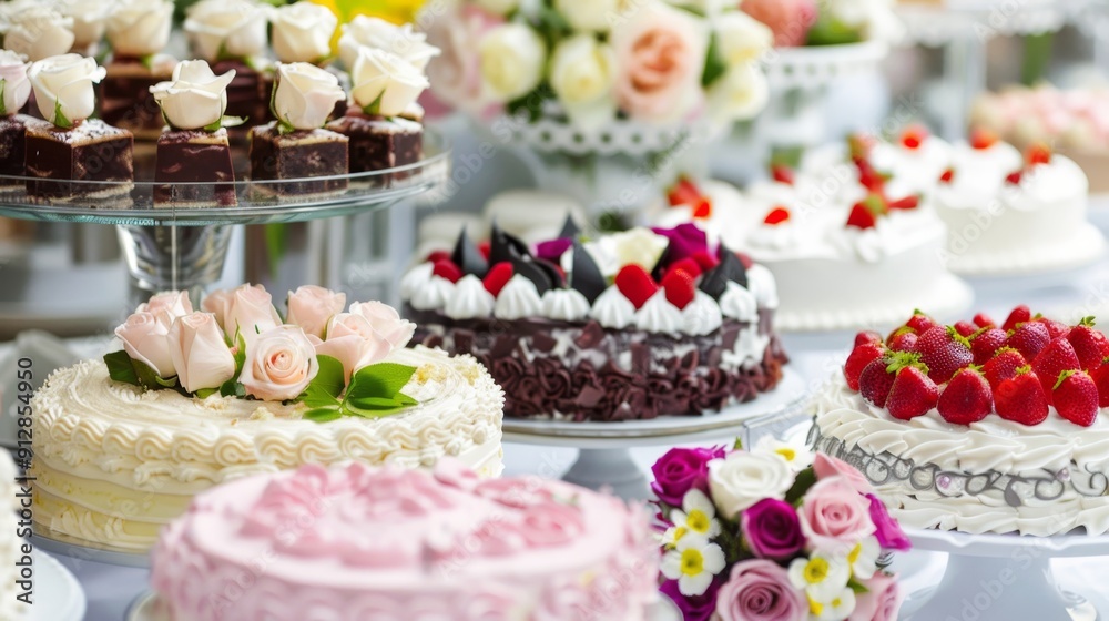 Elegant Dessert Table Setting Featuring Various Slices of Cake Decorated with Fresh White and Pink Roses for a Celebration Elegant Dessert Table Setting Featuring Various Slices of Cake Decorated with Fresh White and Pink Roses for a Celebration